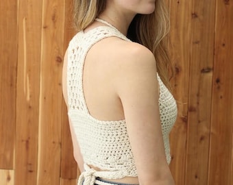 Patrón de top halter de ganchillo – Top corto bohemio de ganchillo fácil en PDF, top halter de verano con espalda de encaje, patrón de ropa de ganchillo hecha a mano