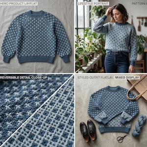 Könnte beinhalten: Ein blau-weiß gemusterter Pullover mit Rundhalsausschnitt und langen Ärmeln. Der Pullover hat ein strukturiertes Design und wird in mehreren Ansichten gezeigt, einschließlich einer Nahaufnahme des reversiblen Details. Das Bild zeigt auch ein stilvolles Outfit mit schwarzen Schuhen und einer gewebten Tasche.