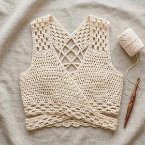 Puede incluir: Top de ganchillo color crema con diseño de espalda cruzada. El top tiene cuello en V y dobladillo festoneado. Una madeja de hilo y un ganchillo de madera están junto al top.
