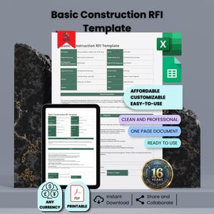 May include: A digital construction RFI template displayed on a tablet and a printed document. The template includes sections for project details and contact information. Additional features include currency options, PDF format, and instant download.