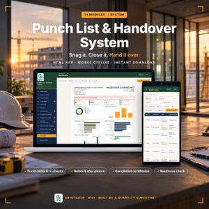 May include: A digital Punch List & Handover System displayed on a laptop and smartphone screen. The interface shows dashboards, project data, and punch items. Text includes 14 MODULES 1 SYSTEM, Snag it. Close it. Hand it over. HTML APP, WORKS OFFLINE, INSTANT DOWNLOAD.