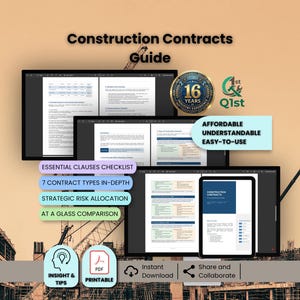 May include: A digital guide titled "Construction Contracts Guide" displayed on multiple screens, including a tablet. The guide highlights essential clauses, contract types, and risk allocation. Includes the text "Affordable, Understandable, Easy-to-Use."