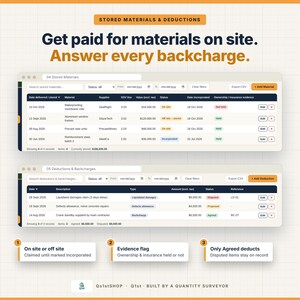 May include: A digital interface display titled Stored Materials & Deductions with the text Get paid for materials on site. Answer every backcharge. It features two data tables tracking construction materials and financial deductions with columns for dates, descriptions, values, and status indicators. Three numbered summary boxes highlight site status, evidence flags, and agreed deductions.