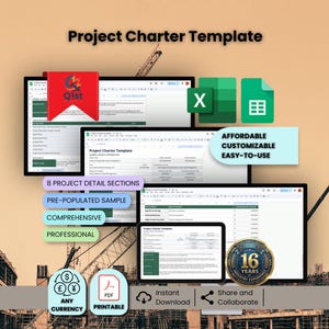 May include: A digital project charter template displayed on multiple screens, with the text "Project Charter Template." Features include "8 Project Detail Sections," "Pre-populated Sample," and "Comprehensive." Icons for currency, PDF, and download are also present.