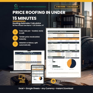 May include: A digital roofing estimate calculator displayed on a laptop, tablet, and printed document. The interface features pre-loaded line items, automatic material and labor splits, and instant price recalculation for construction projects.