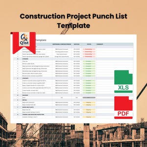 Może przedstawiać: Szablon listy kontrolnej projektu budowlanego zatytułowany "Construction Project Punch List Template". Szablon zawiera kolumny dla odpowiedzialnej firmy/osoby, daty zakończenia, statusu i komentarzy. Obraz zawiera również ikony typu pliku XLS i PDF.