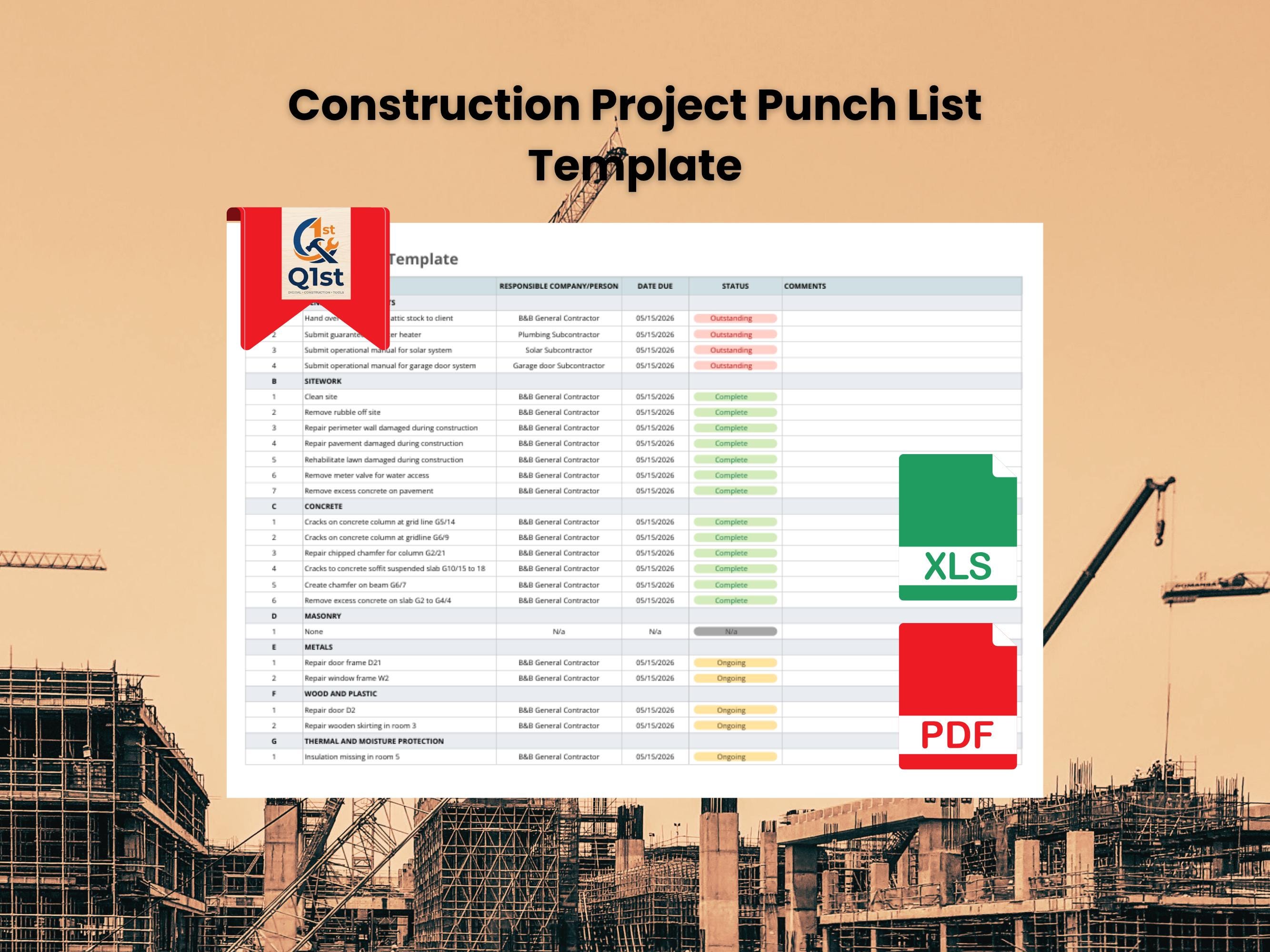 Digital Construction Punch List Excel Template for Home Renovation ...