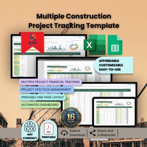 May include: A digital graphic promoting a construction project tracking template. The image features multiple computer screens and tablets displaying spreadsheets, along with icons for currency, PDF, and sharing. Text includes "Multiple Construction Project Tracking Template."