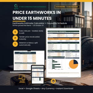 Excavation Estimate Calculator Excel Template | Earthworks Cost Estimator Spreadsheet, Dayworks Schedule, 54 Pre-Priced Items