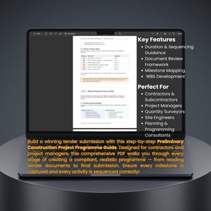 May include: A laptop displays a document with text and bullet points. The screen shows "Key Features" including "Duration & Sequencing Guidance" and "Milestone Mapping." The text also mentions "Contractors & Subcontractors."