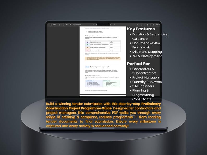 May include: A laptop displays a document with text and bullet points. The screen shows "Key Features" including "Duration & Sequencing Guidance" and "Milestone Mapping." The text also mentions "Contractors & Subcontractors."
