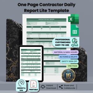 May include: A digital One Page Contractor Daily Report Lite Template displayed on a tablet and a document sheet. The green and white form includes sections for project details, man-hours, work completed, and safety sign-off, with Excel and PDF icons.