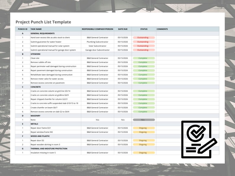 Digital Construction Punch List Excel Template for Home Renovation Tracking image 3