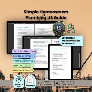Könnte beinhalten: Digitaler Ratgeber mit dem Titel "Simple Homeowners Plumbing US Guide", der auf einem Computermonitor und Tablet angezeigt wird. Der Ratgeber enthält Abschnitte zu Heimwerken vs. Profis, Notfallreferenzen und wichtigen Werkzeugen. Das Bild zeigt auch ein "16 Years Industry Experience"-Abzeichen.