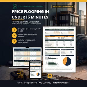 Peut inclure: Un calculateur d'estimation de revêtement de sol numérique affiché sur un ordinateur portable, une tablette et un document imprimé. Le texte indique Price Flooring in Under 15 Minutes, 8 Sections, 1 Calculator, 44 Pre-Priced Line Items, CSI Division 09.
