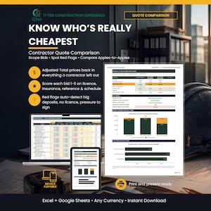 Puede incluir: Una herramienta digital de comparación de presupuestos de contratistas mostrada en una computadora portátil, una tableta y un documento impreso. La interfaz incluye texto como Know Who's Really Cheapest, Contractor Quote Comparison y Device Capable.