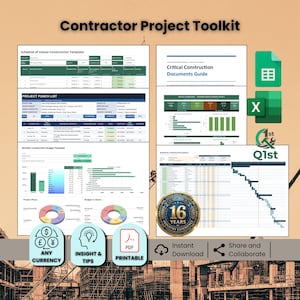 May include: A digital Contractor Project Toolkit featuring various construction templates, including a Schedule of Values, Project Punch List, and budget trackers. The set includes spreadsheet icons, a 16-year industry experience badge, and PDF printable options for project management.