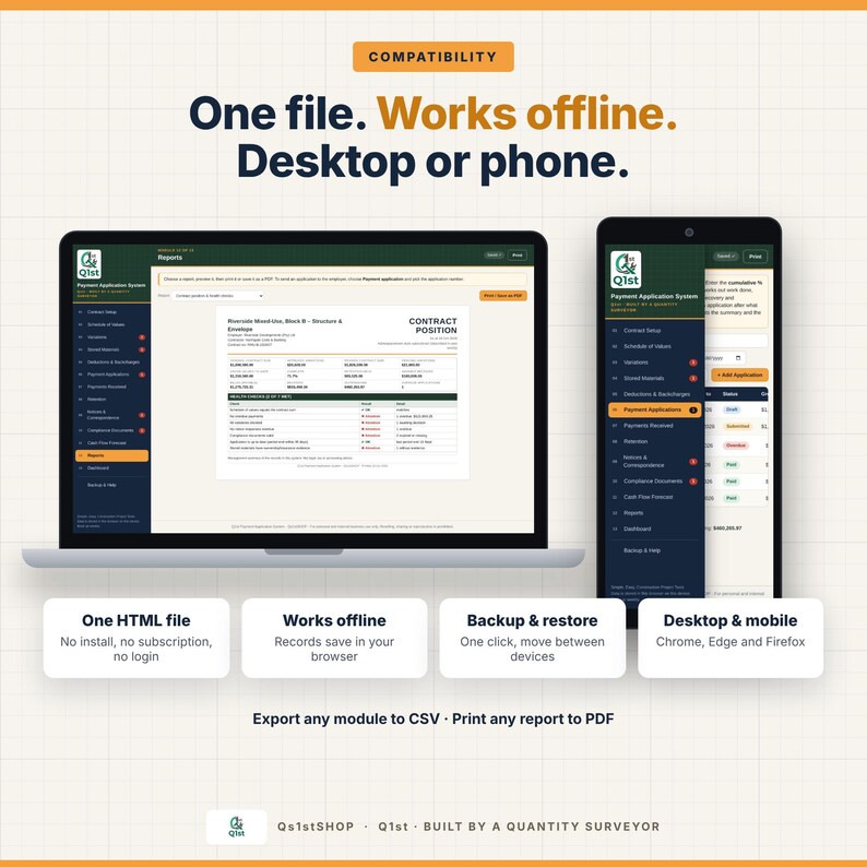 May include: A digital software interface displayed on a laptop and smartphone screen. The text reads: Compatibility, One file. Works offline. Desktop or phone. One HTML file, Works offline, Backup & restore, Desktop & mobile, Export any module to CSV.