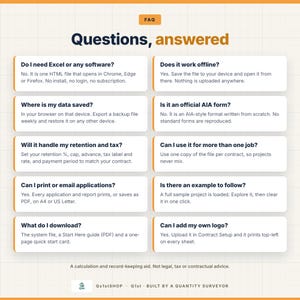 May include: An FAQ infographic titled Questions, answered, featuring two columns of white text boxes on a grid background. It addresses software requirements, data storage, tax retention, printing, file downloads, offline use, AIA-style formatting, multiple jobs, examples, and logo customization.