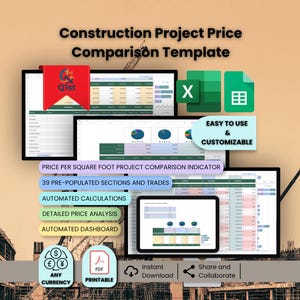 May include: A digital template for construction project price comparison, featuring multiple screens displaying data and charts. The image includes the text "Construction Project Price Comparison Template", "Easy to Use & Customizable", and icons for currency, PDF, and sharing.