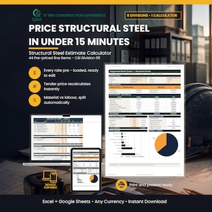 Puede incluir: Una calculadora digital de estimación de acero estructural mostrada en una computadora portátil, tableta y documento impreso. La interfaz incluye tablas, gráficos y el texto Price Structural Steel In Under 15 Minutes y 44 Pre-priced line items.