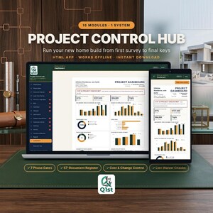 Puede incluir: Un panel de control digital de gestión de proyectos mostrado en la pantalla de una computadora portátil y un teléfono inteligente, titulado Project Control Hub. La interfaz presenta visualizaciones de datos, gráficos y módulos de seguimiento.