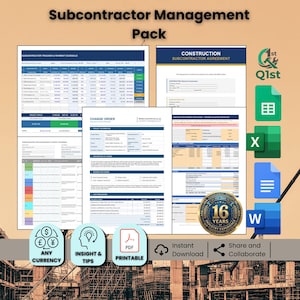 Subcontractor Management Template Pack, Editable Construction Forms for Contractors