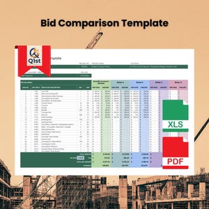 May include: A bid comparison template titled "Bid Comparison Template". The spreadsheet shows bid quantities, descriptions, and amounts. The image also includes "XLS" and "PDF" icons, with a construction site in the background.
