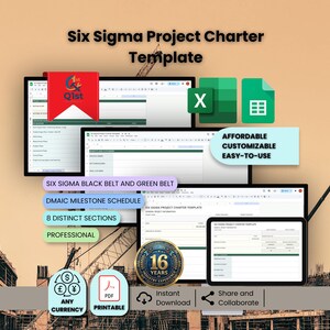 Può includere: Modello digitale di Six Sigma Project Charter con il testo "Six Sigma Project Charter Template". Le caratteristiche includono "Conveniente, personalizzabile, facile da usare". Include icone di Excel e Google Sheets e "Download istantaneo".