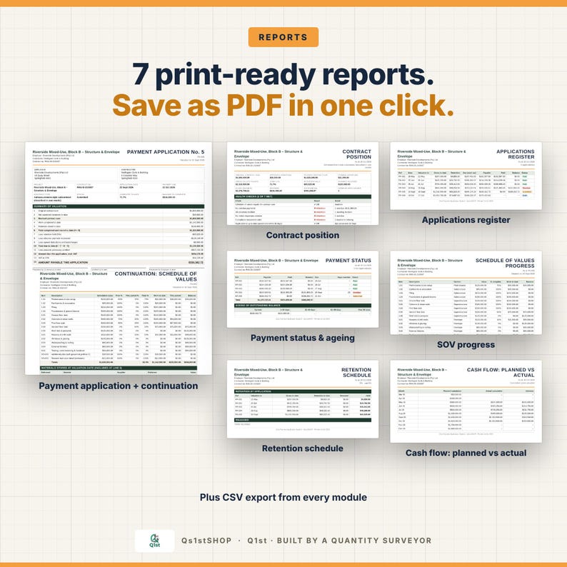 May include: A digital display showing 7 print-ready reports including payment application, contract position, applications register, payment status, SOV progress, retention schedule, and cash flow. Text reads: 7 print-ready reports. Save as PDF in one click.