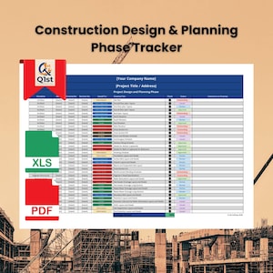 May include: A construction design and planning phase tracker with a blue and white spreadsheet. The image includes the text "Construction Design & Planning Phase Tracker", "XLS", and "PDF". A red banner with the Qist logo is in the upper left corner.