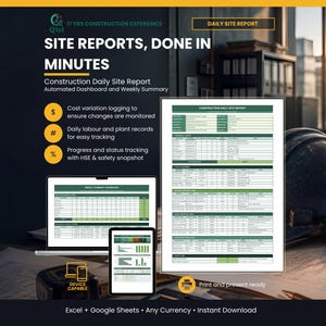 Puede incluir: Una plantilla digital de informe diario de obra con panel automatizado y resumen semanal. El diseño incluye campos para variaciones de costes, mano de obra, registros de planta y seguridad, compatible con Excel y Google Sheets.