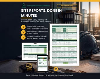 May include: A digital construction daily site report template featuring an automated dashboard and weekly summary. The layout includes text fields for cost variation, labor, plant records, and safety snapshots, compatible with Excel and Google Sheets.