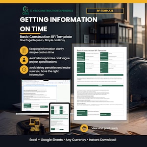 Puede incluir: Una plantilla RFI digital para proyectos de construcción, con fondo oscuro y texto en blanco. El documento incluye campos para detalles del proyecto, solicitudes de información y especificaciones, mostrados en una computadora portátil, una tableta y una página impresa.