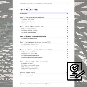 May include: A document titled "Table of Contents" with a checklist icon. The document outlines steps for a construction program, including understanding tender documents, extracting milestones, and defining the scope of work.