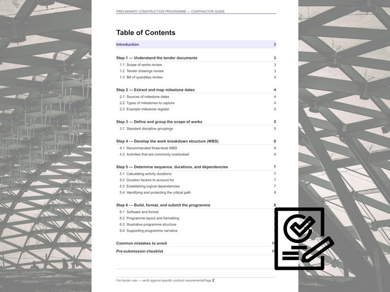 May include: A document titled "Table of Contents" with a checklist icon. The document outlines steps for a construction program, including understanding tender documents, extracting milestones, and defining the scope of work.