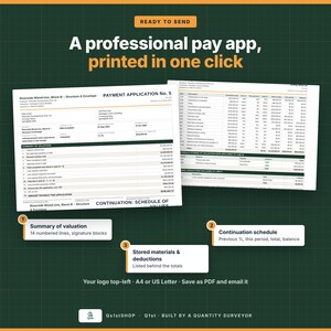 May include: A digital document template for a professional pay application, featuring a summary of valuation, continuation schedule, and stored materials list. Text includes 'READY TO SEND', 'A professional pay app, printed in one click', and 'Q1stSHOP'.