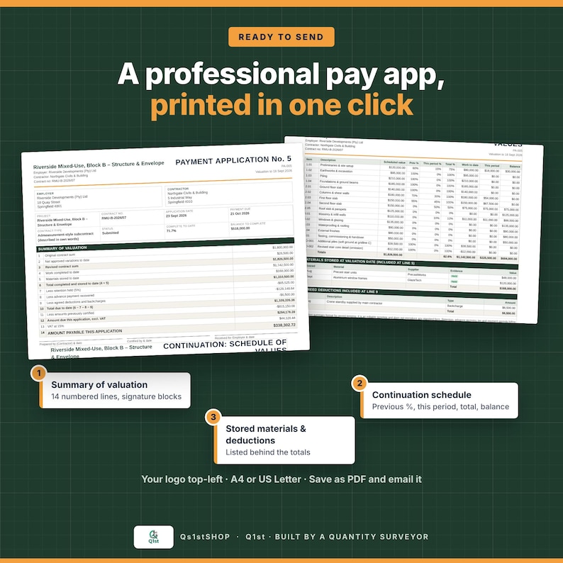 May include: A digital document template for a professional pay application, featuring a summary of valuation, continuation schedule, and stored materials list. Text includes 'READY TO SEND', 'A professional pay app, printed in one click', and 'Q1stSHOP'.