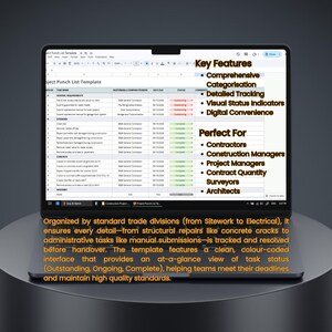 May include: A laptop screen displaying a Project Punch List Template spreadsheet with columns for task ID, description, responsible person, due date, status, and comments. The interface includes text listing key features and target roles.