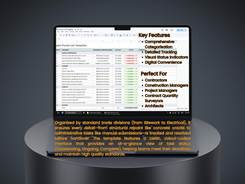 May include: A laptop screen displaying a Project Punch List Template spreadsheet with columns for task ID, description, responsible person, due date, status, and comments. The interface includes text listing key features and target roles.