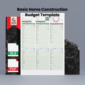 Puede incluir: Una plantilla de presupuesto para la construcción básica de viviendas, titulada "Basic Home Construction Budget Template". La plantilla es una hoja de cálculo con filas y columnas, e incluye un gráfico circular. La imagen también muestra un archivo XLS y PDF.