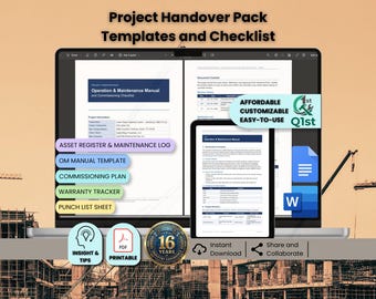 May include: A digital project handover pack featuring templates and a checklist displayed on a laptop screen. The documents include an operation and maintenance manual, commissioning plan, warranty tracker, and punch list sheet in PDF and Word formats.