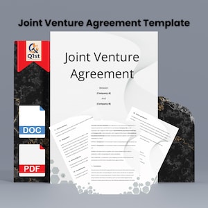 May include: A Joint Venture Agreement Template is displayed, featuring a large document with the title "Joint Venture Agreement." Accompanying documents and file icons for DOC and PDF formats are also visible. The background is a dark gray.