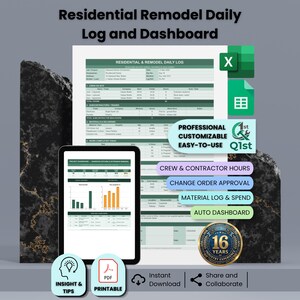 May include: A digital residential remodel daily log and dashboard template featuring a green and white spreadsheet layout, a tablet displaying project charts, Excel and Google Sheets icons, and text labels for crew hours, change orders, and material logs.