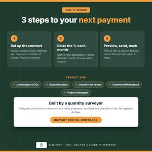 May include: A dark green infographic with a grid pattern detailing a three-step payment process. Text includes 'HOW IT WORKS', '3 steps to your next payment', 'Set up the contract', 'Raise the % each month', 'Preview, send, track', and 'Built by a quantity surveyor'.