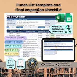 May include: A digital punch list template and final inspection checklist. The image shows a spreadsheet, a tablet displaying a checklist, and icons for automation, PDF, and collaboration. Text includes "Affordable, Customizable, Easy-to-Use."