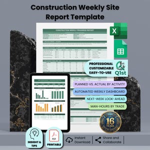 May include: A Construction Weekly Site Report Template displayed on a tablet and a document. The document features tables, charts, and text including "Construction Weekly Progress Report," "Planned vs. Actual by Activity," and "Man-Hours by Trade."