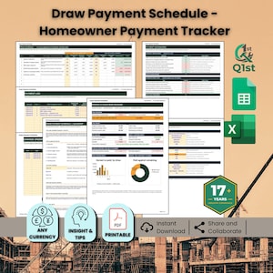 May include: A digital draw payment schedule and homeowner payment tracker template featuring multiple spreadsheet views, charts, and financial logs. Includes icons for Google Sheets, Excel, PDF, and currency symbols with text labels for instant download.