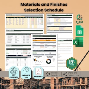 Op de afbeelding: Een digitaal sjabloon voor een selectieschema voor materialen en afwerkingen met meerdere spreadsheetweergaven, projectinstellingstabellen, doorlooptijd-watchlists en kamerbudgettrackers met grafieken, iconen voor PDF, Excel en Google Sheets.