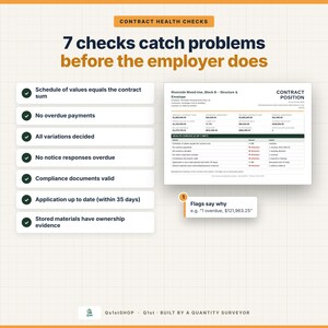 May include: An infographic titled Contract Health Checks: 7 checks catch problems before the employer does. It lists seven criteria with checkmarks and displays a sample contract position report with a table showing health check results.